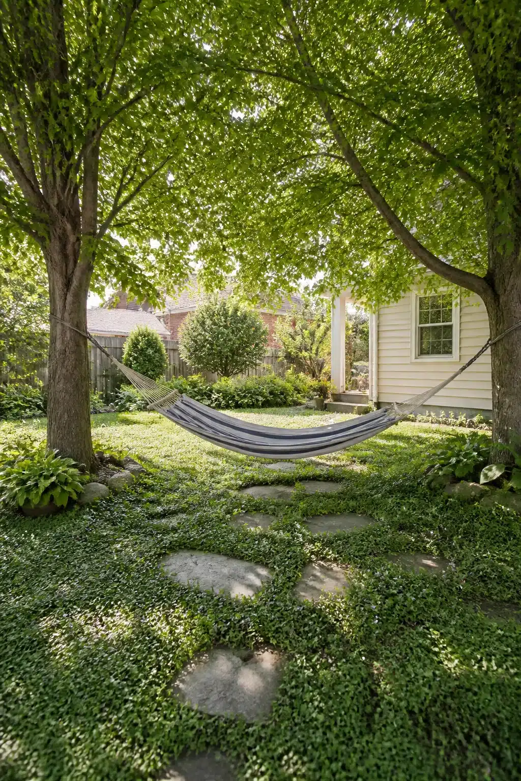 Backyard shade ideas with a gray hammock strung between two mature trees over a flagstone path and creeping ground cover.