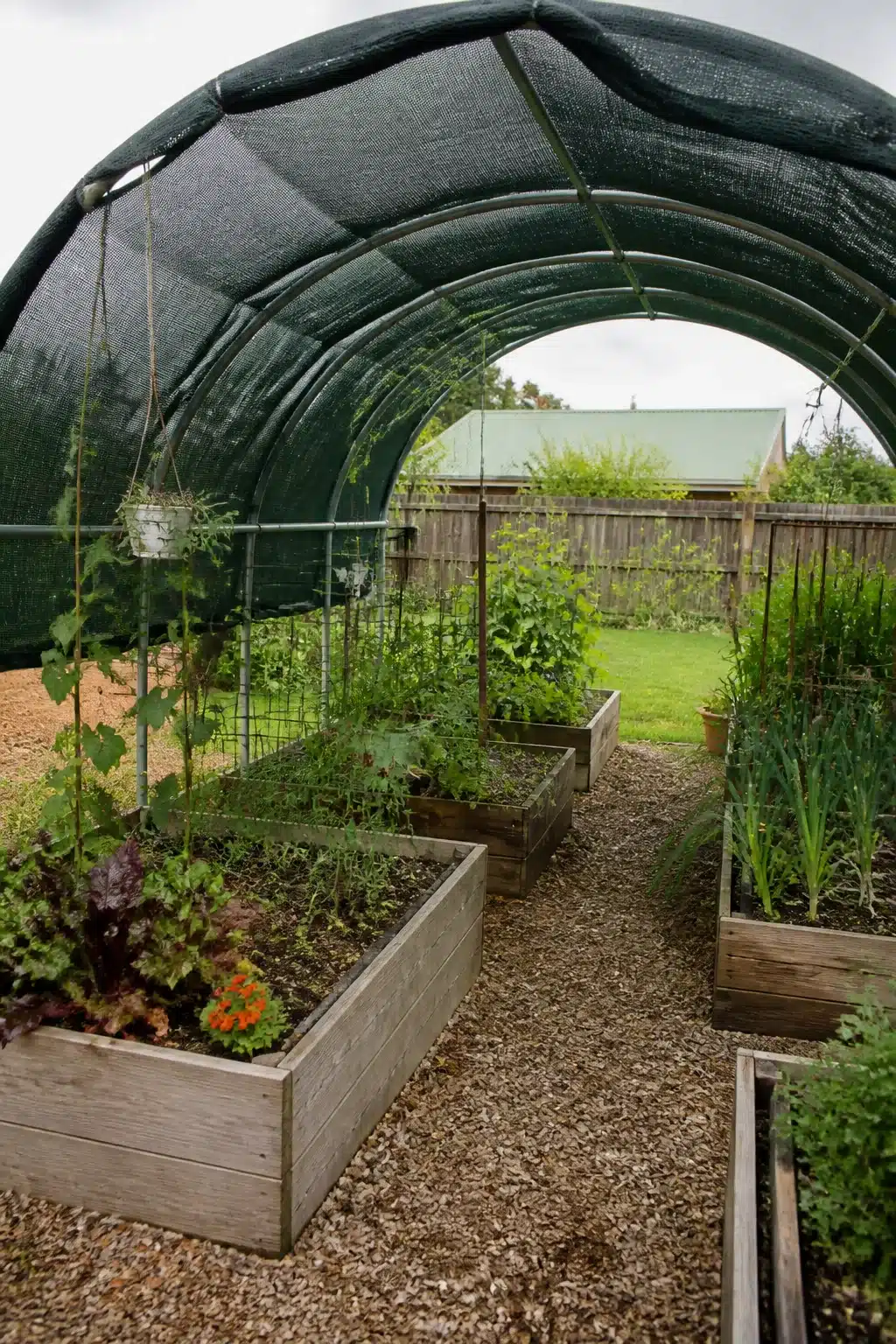 Backyard shade ideas: dark green shade-cloth hoop tunnel over gravel path and wooden raised vegetable beds