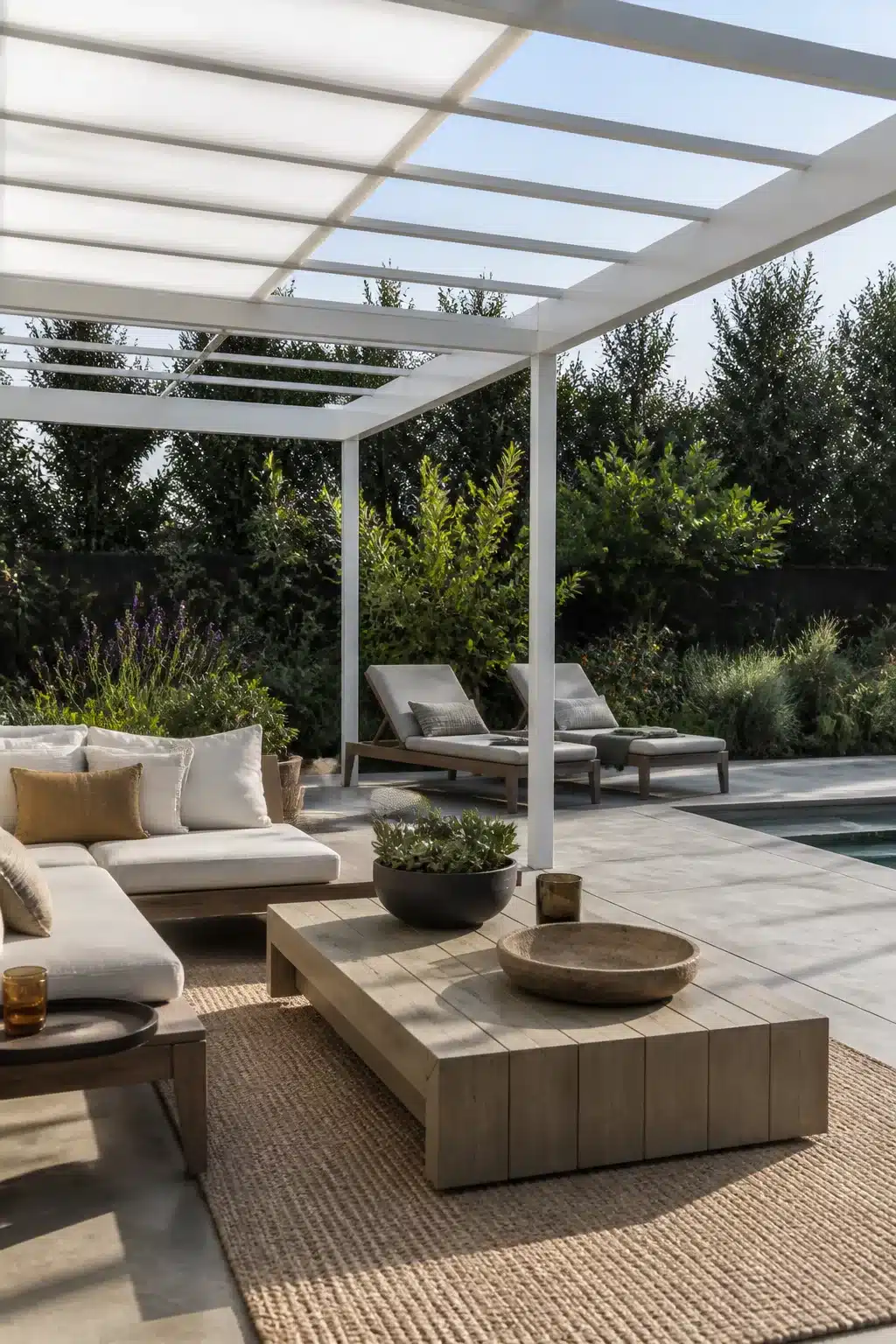 White steel pergola with frosted polycarbonate roof panels over a linen sectional — backyard shade ideas for pool areas.