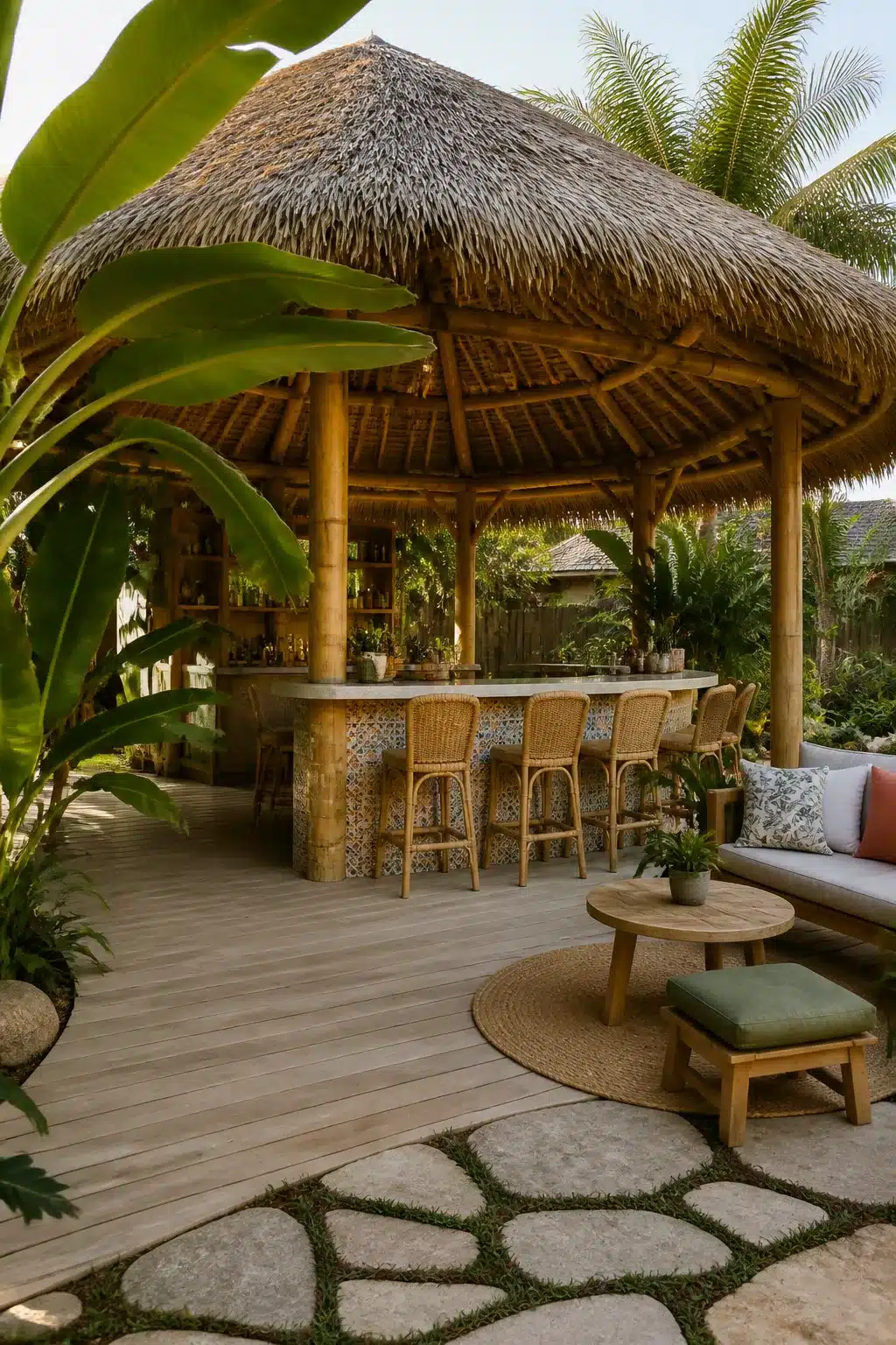 Thatched palapa hut with bamboo posts and mosaic bar — backyard shade ideas for tropical outdoor spaces