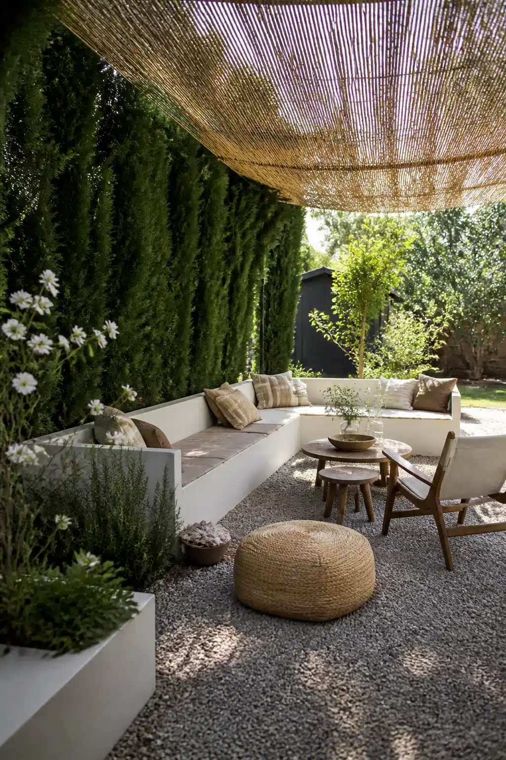 Backyard shade ideas with a reed canopy overhead and tall evergreen hedge wall framing a gravel patio seating area.