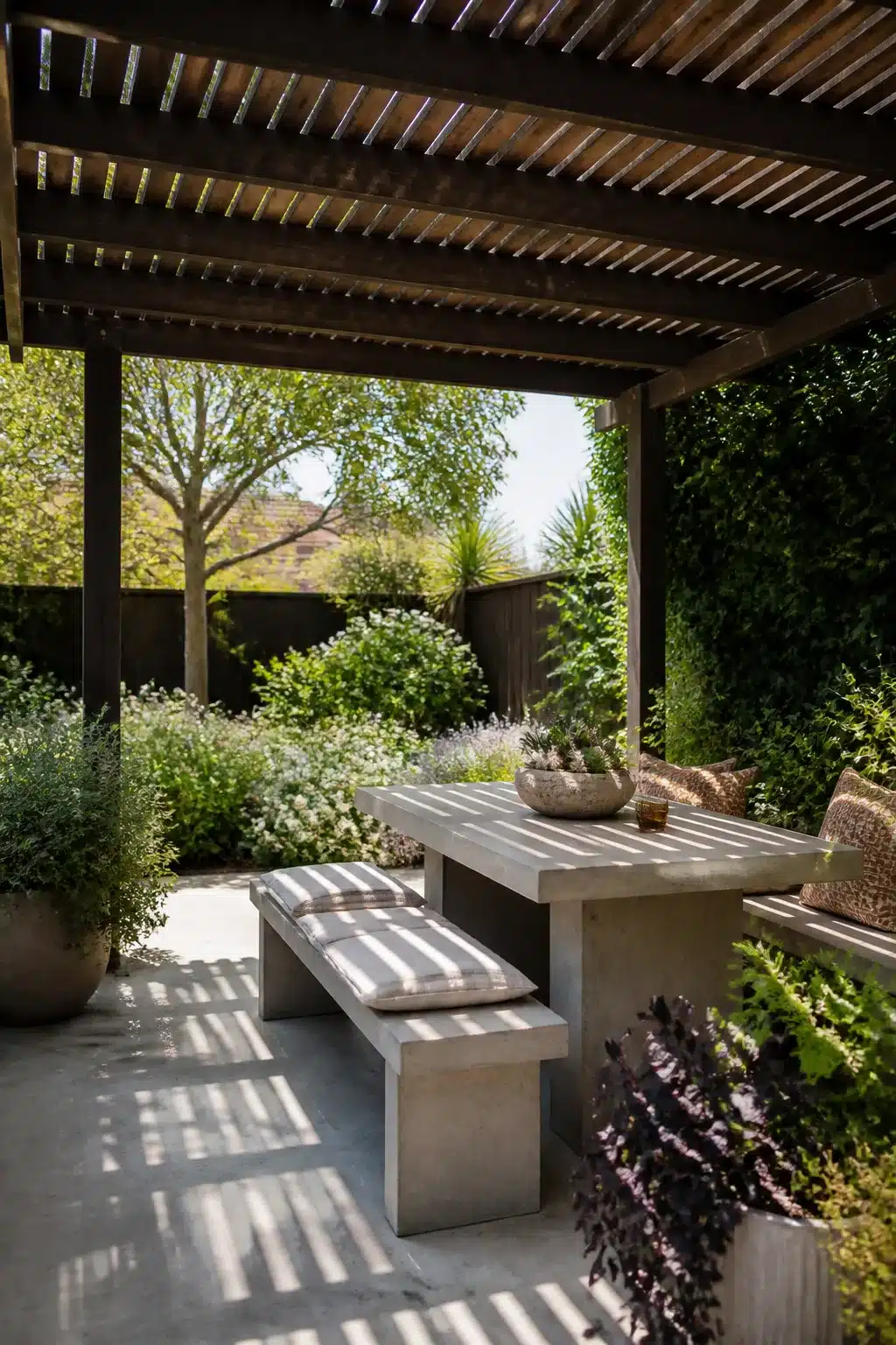 Backyard shade ideas: slatted wood pergola over concrete dining table and bench in a lush garden setting.
