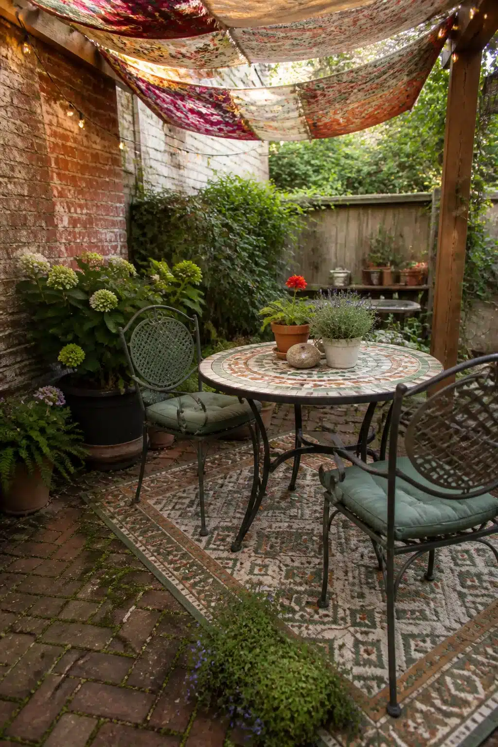 Colorful draped textile canopy over a mosaic bistro table — backyard shade ideas for small patios