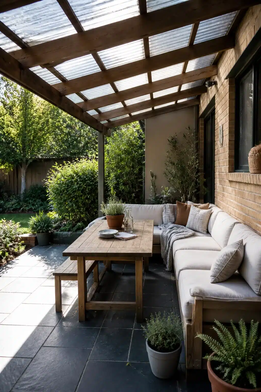 Backyard shade idea with a polycarbonate roof patio cover, teak sectional sofa, and dark slate tile flooring.