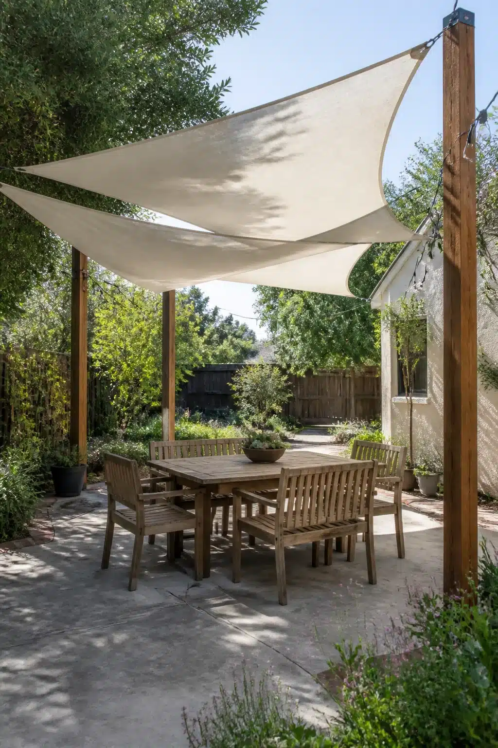 Backyard shade ideas: layered cream triangle sail shades on wood posts over teak dining set, lush garden backdrop.