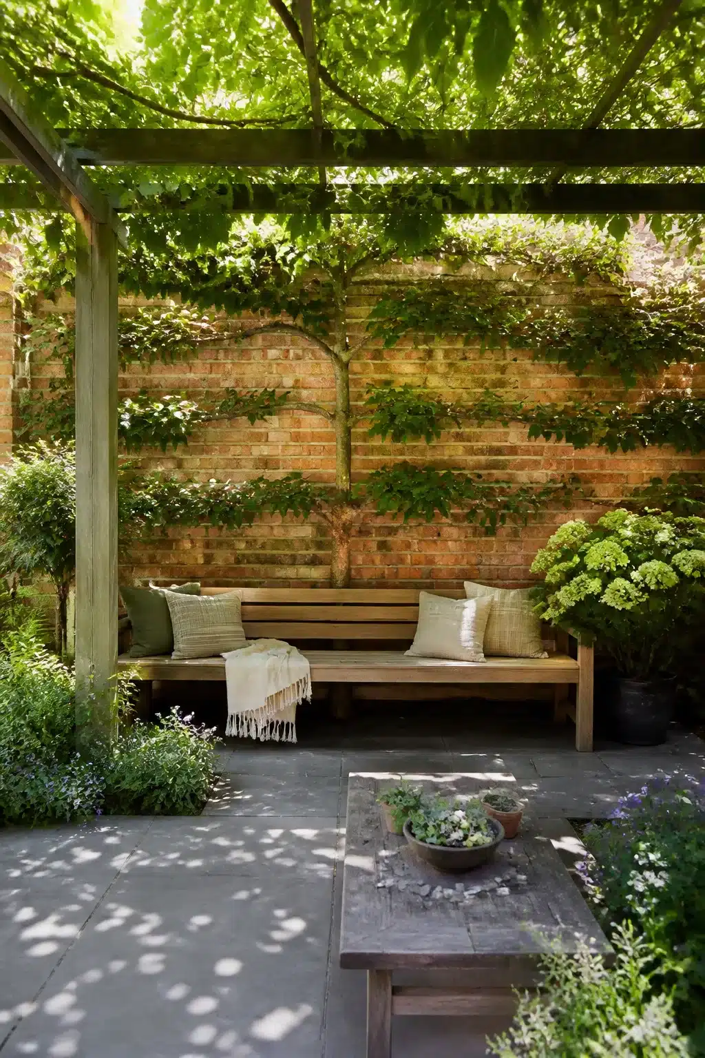 Espaliered trees trained on aged brick wall with pergola beams — backyard shade ideas for small garden seating areas