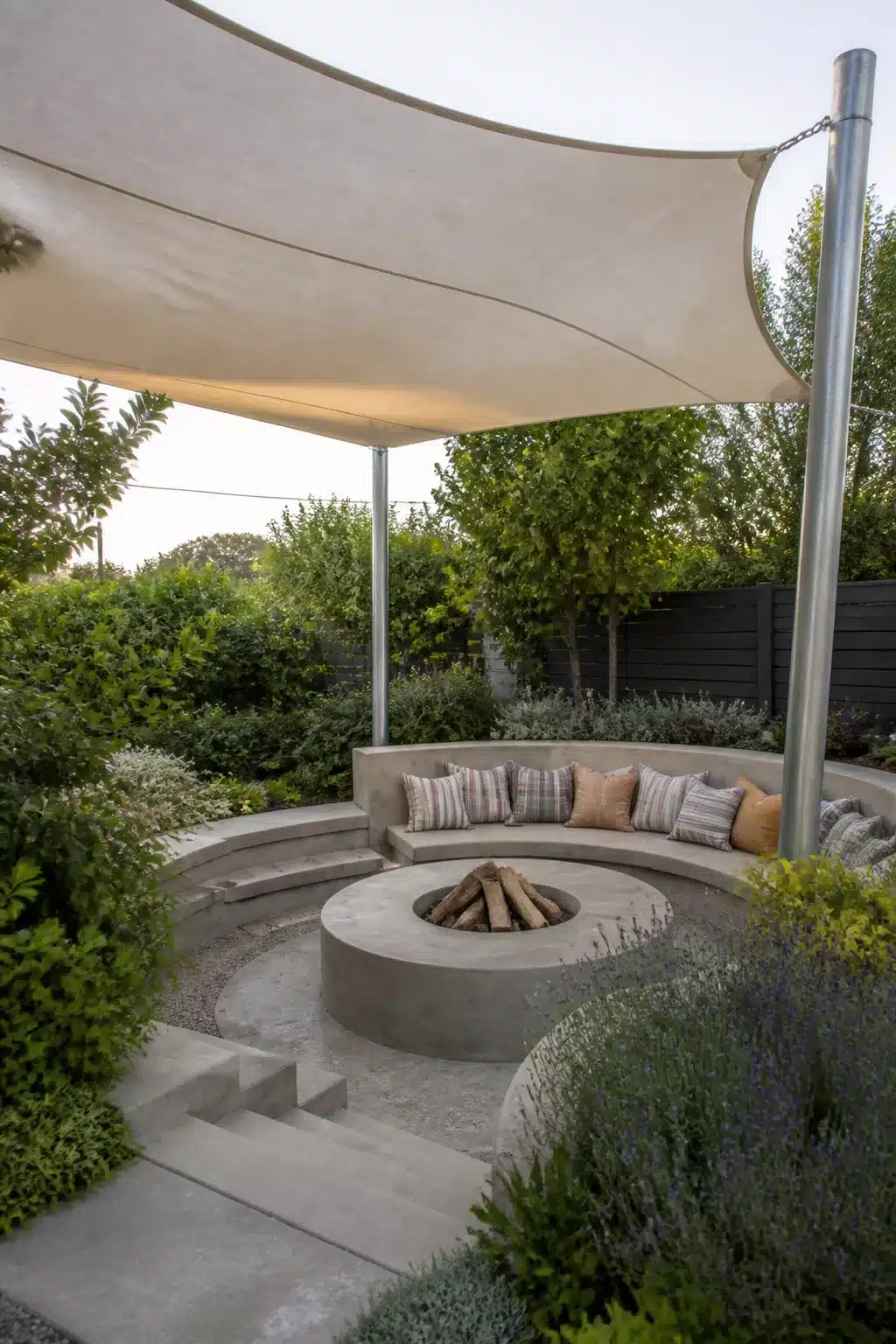 Sunken concrete fire pit seating area with tensile fabric canopy — backyard shade ideas for modern outdoor spaces