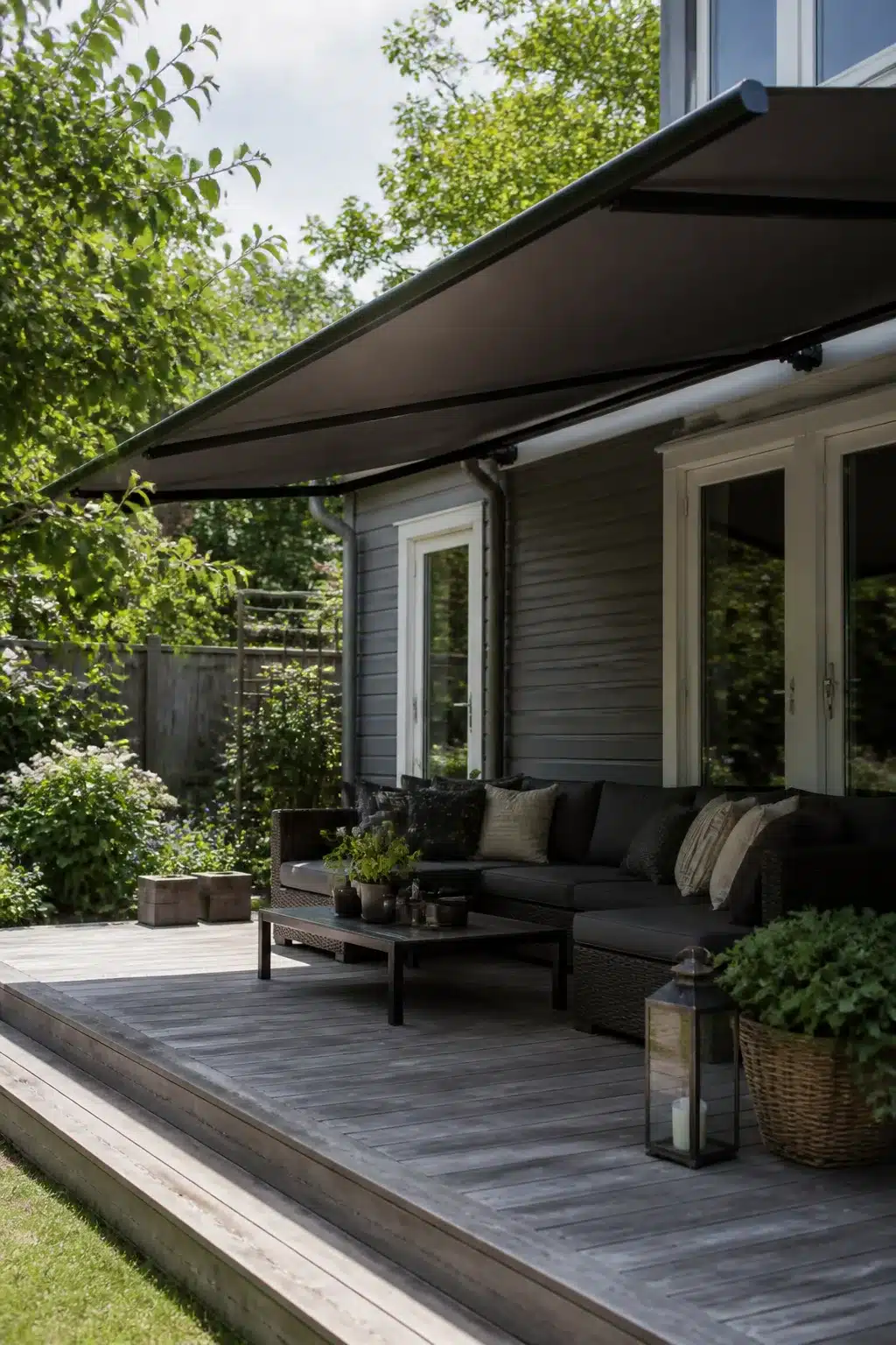 Charcoal retractable awning over a gray weathered deck with dark wicker sectional — backyard shade ideas