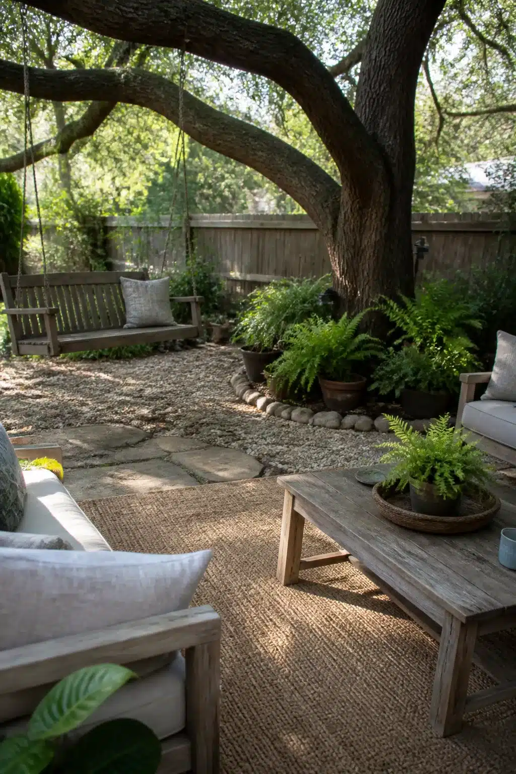 Backyard shade ideas using a mature oak tree canopy over a gravel seating nook with swing and ferns.