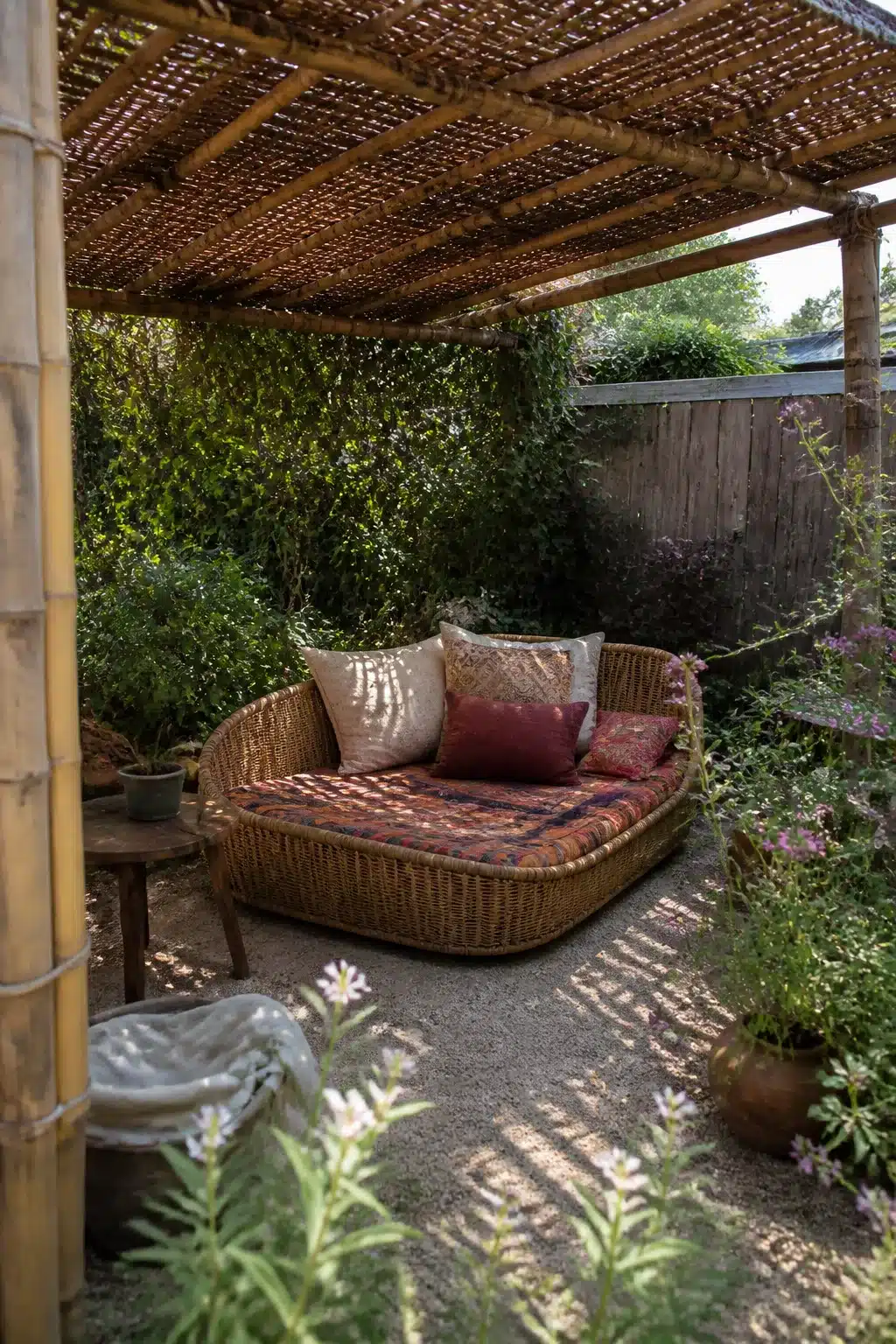 Woven bamboo shade canopy over a rattan daybed in a lush backyard — cozy backyard shade ideas
