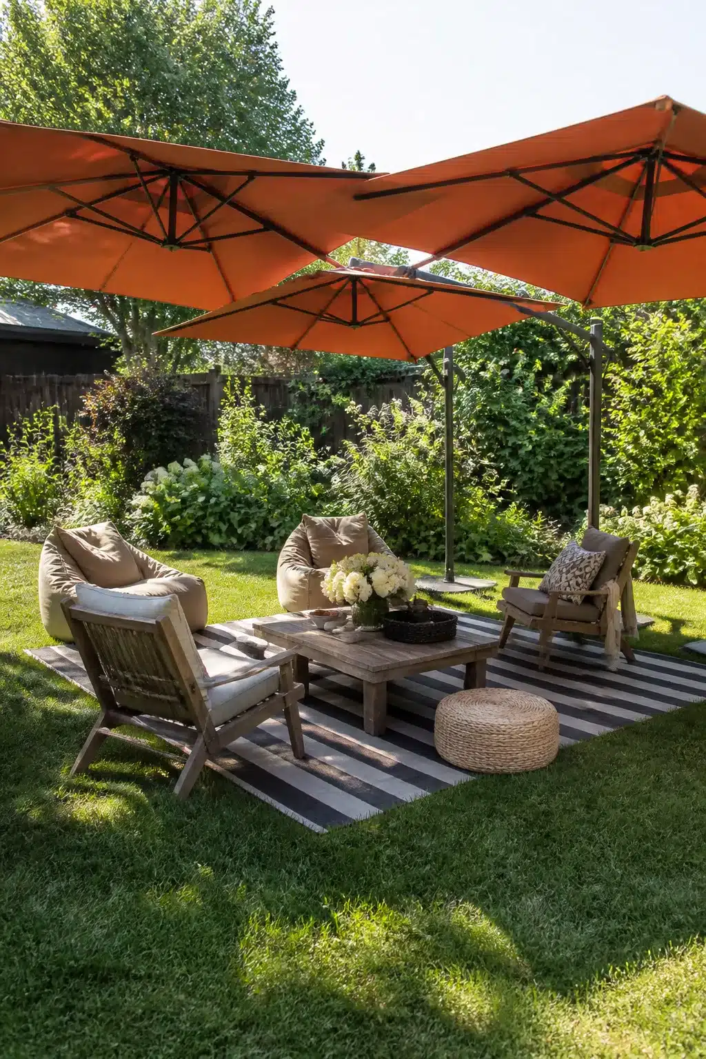 Two orange cantilever umbrellas shading a teak seating area on striped rug — backyard shade ideas