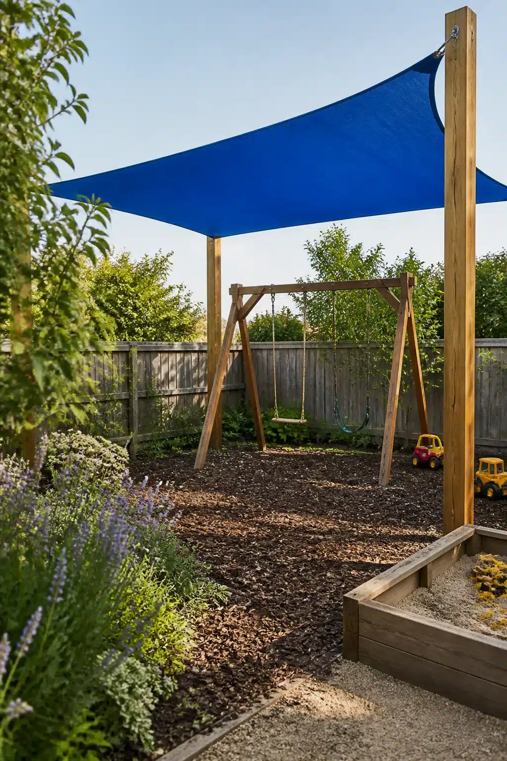 Backyard shade ideas: blue sail shade over a timber swing set and sandbox in a family backyard.