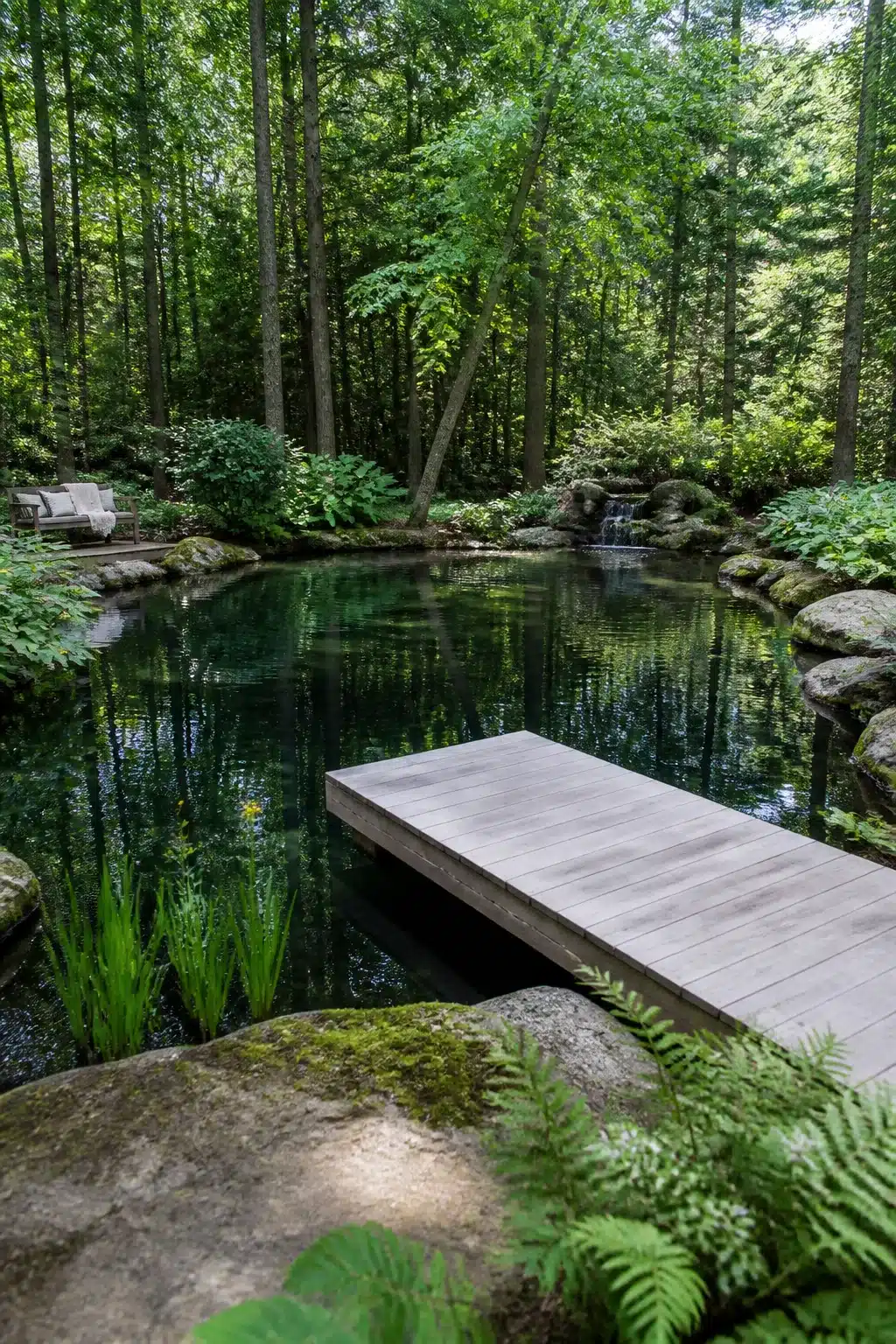 Backyard swimming pond surrounded by forest trees with a gray timber dock, mossy boulders, and ferns in a woodland garden