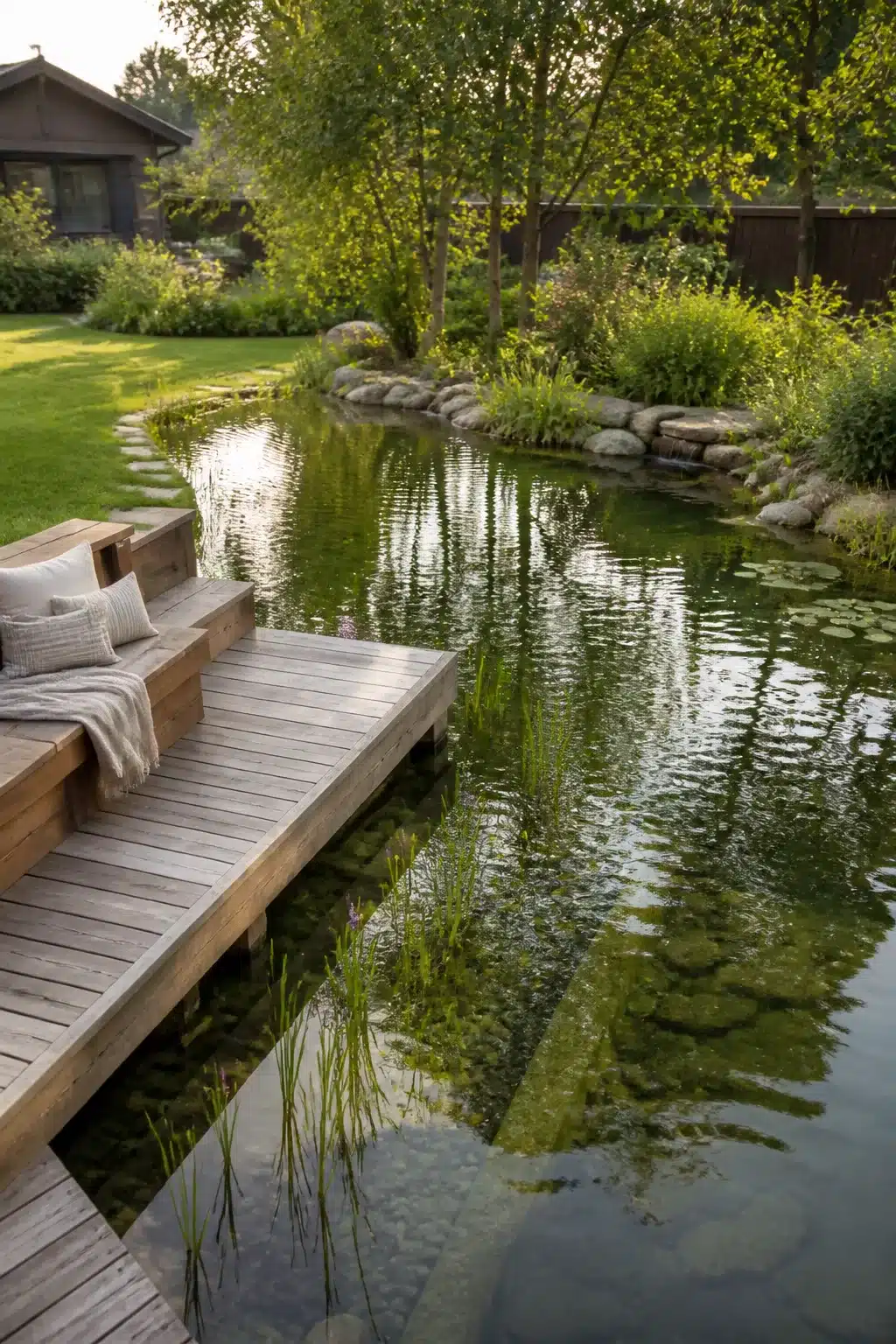 Backyard swimming pond with raised timber deck lounge, built-in bench, lily pads, and natural stone edging