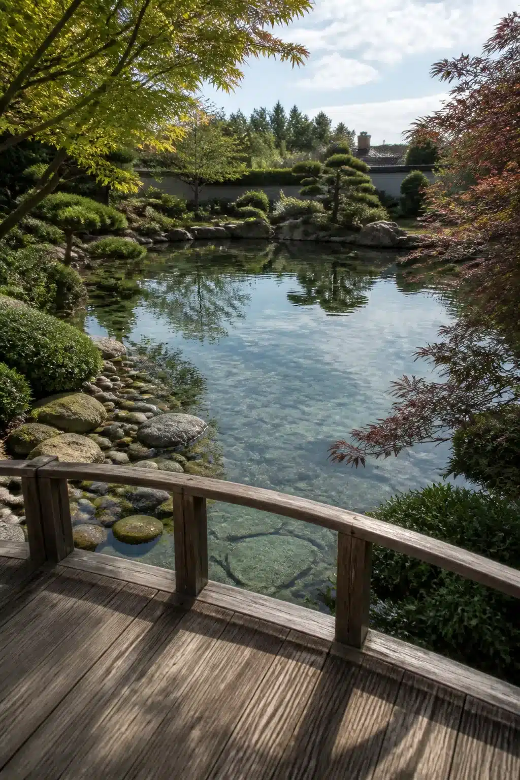 Japanese-inspired backyard swimming pond with curved timber bridge, clear water, and cloud-pruned pine trees.