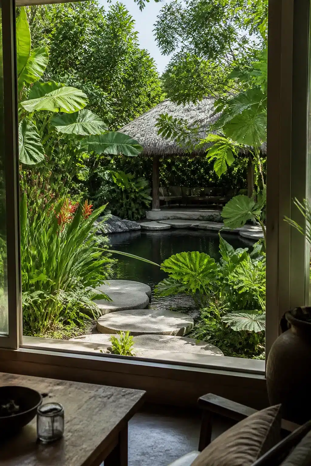 Tropical backyard swimming pond with stepping stones, elephant ears, and a thatched pavilion viewed from indoors.