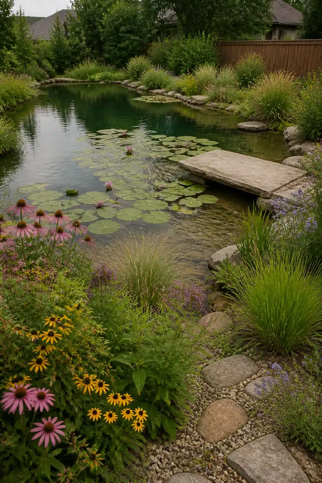 Backyard swimming pond with prairie wildflowers, lily pads, flat stone landing, and gravel path border