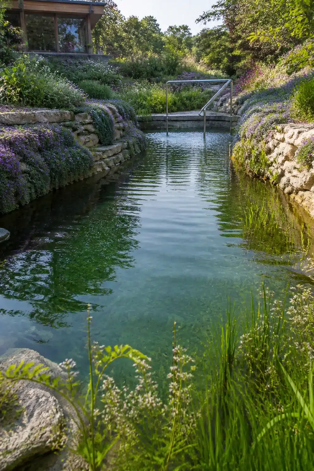 Hillside terraced backyard swimming pond with dry-stone walls and purple flowering groundcovers cascading to the water's edge.