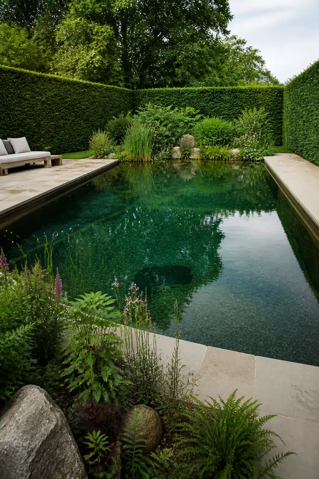 Formal backyard swimming pond with clipped hedge walls, dark liner, and naturalistic planted margins — natural water feature idea.