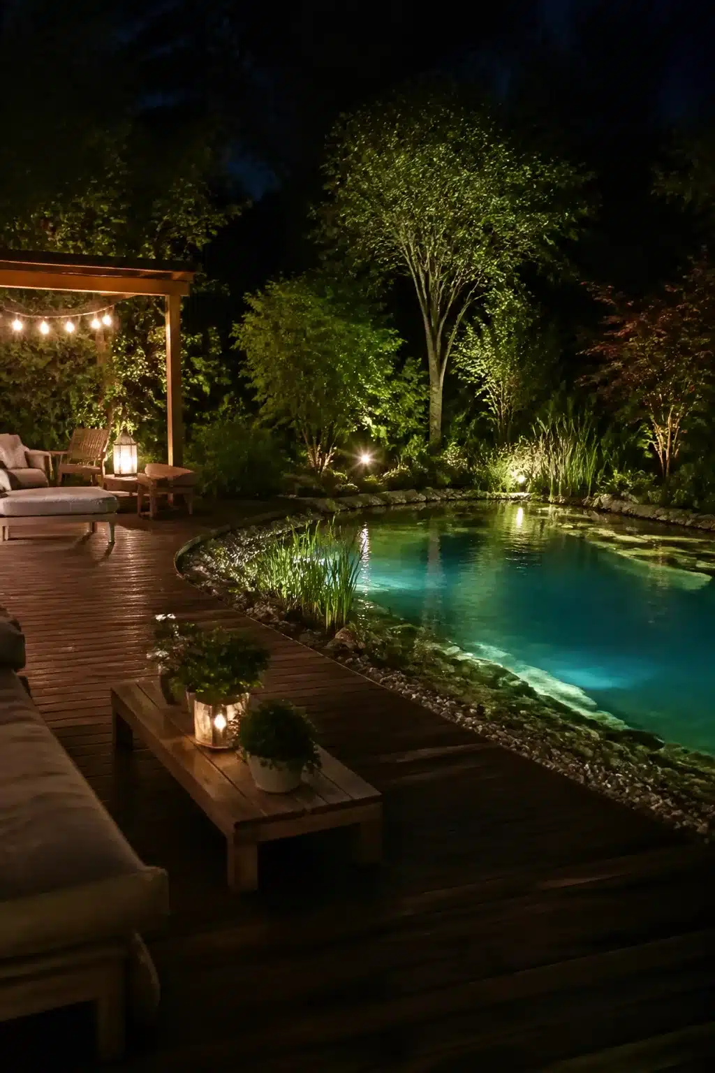 Backyard swimming pond lit at night with teal underwater glow, string lights, and uplighting on surrounding trees