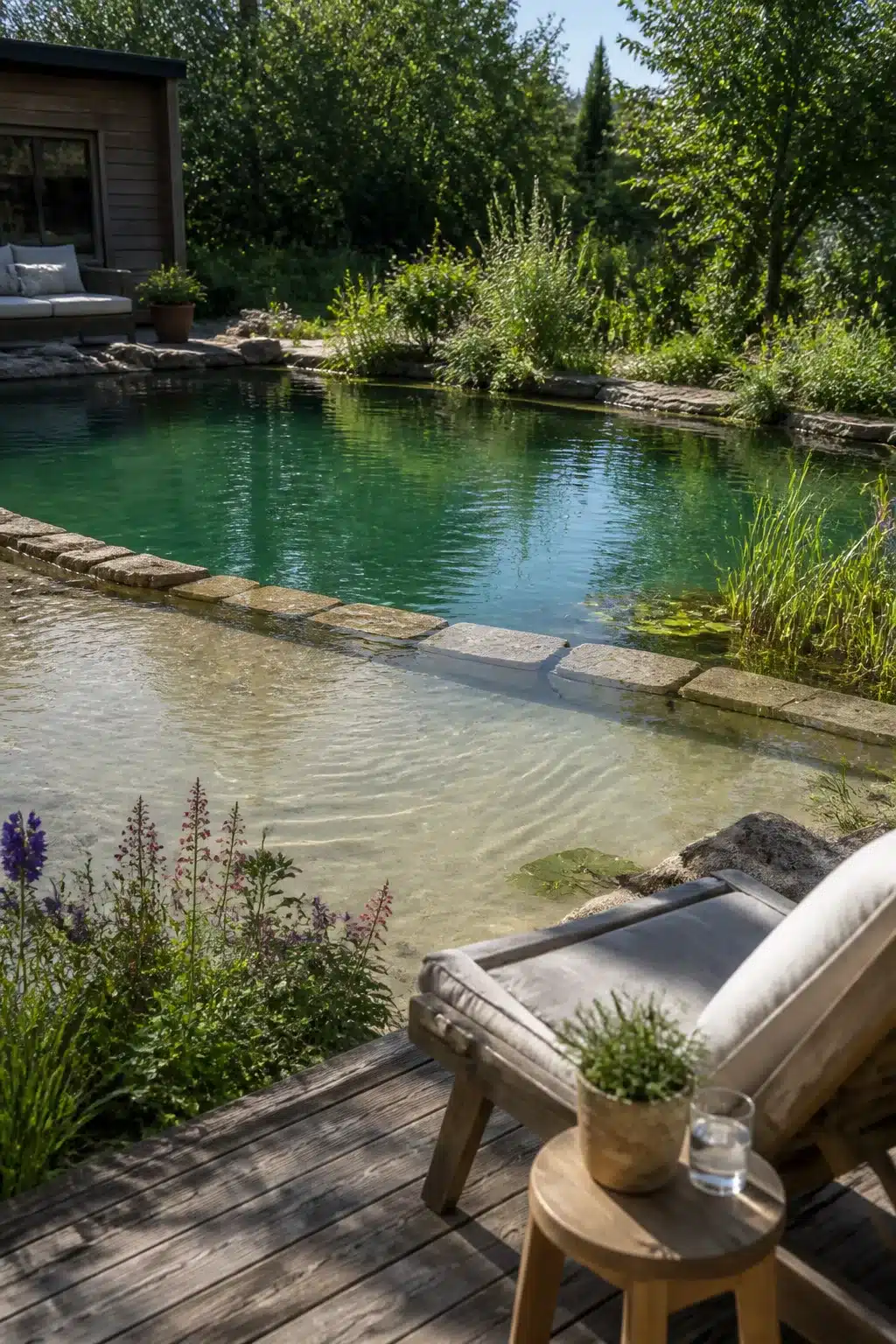 Backyard swimming pond with shallow stone ledge entry zone, wildflower edges, and timber deck seating in summer garden