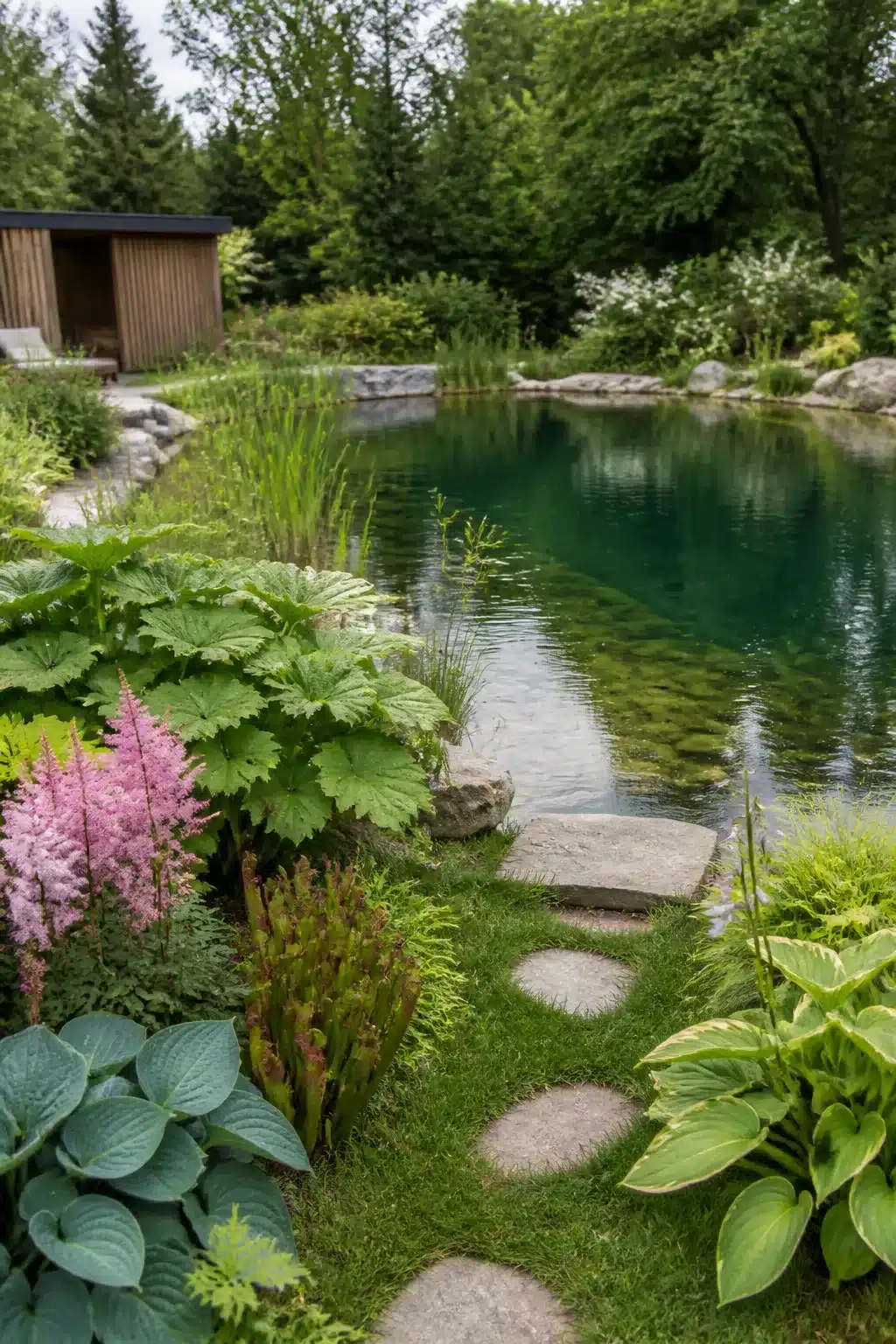 Bog garden bordered backyard swimming pond with stepping stones, hostas, astilbe, and gunnera plantings around natural water feature