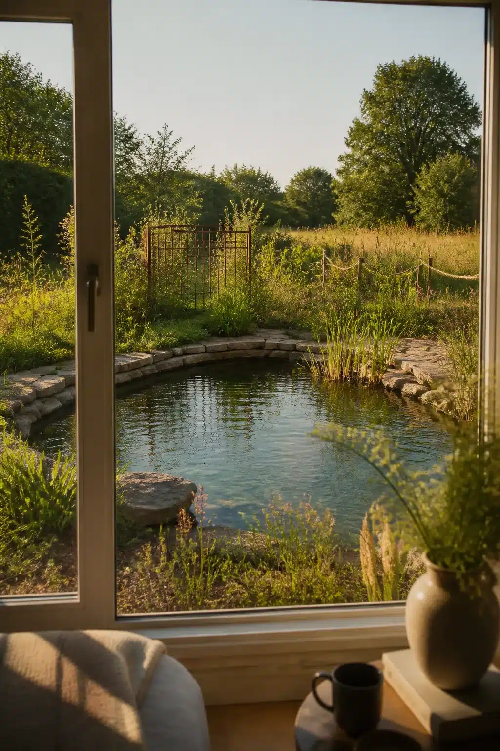 Backyard swimming pond with reclaimed stone edging, iron gate, and wildflower banks glowing in evening light.