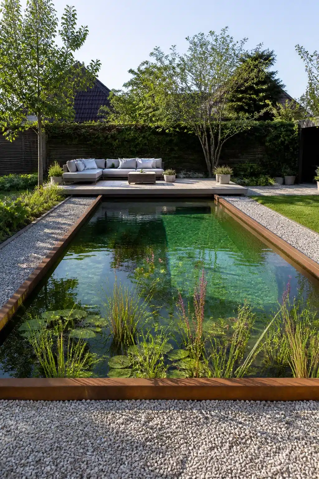 Modern rectangular backyard swimming pond with corten steel edging, gravel surround, and natural aquatic plants.