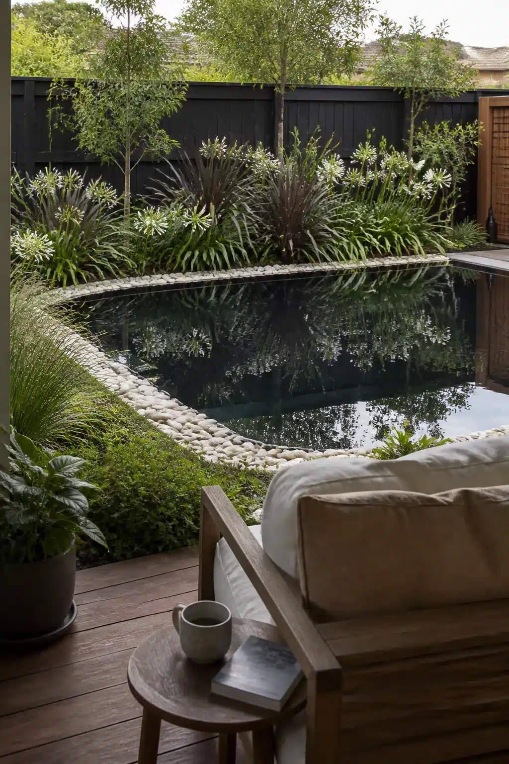 Backyard swimming pond with dark liner, white pebble coping, dense poolside planting, and timber deck seating area.
