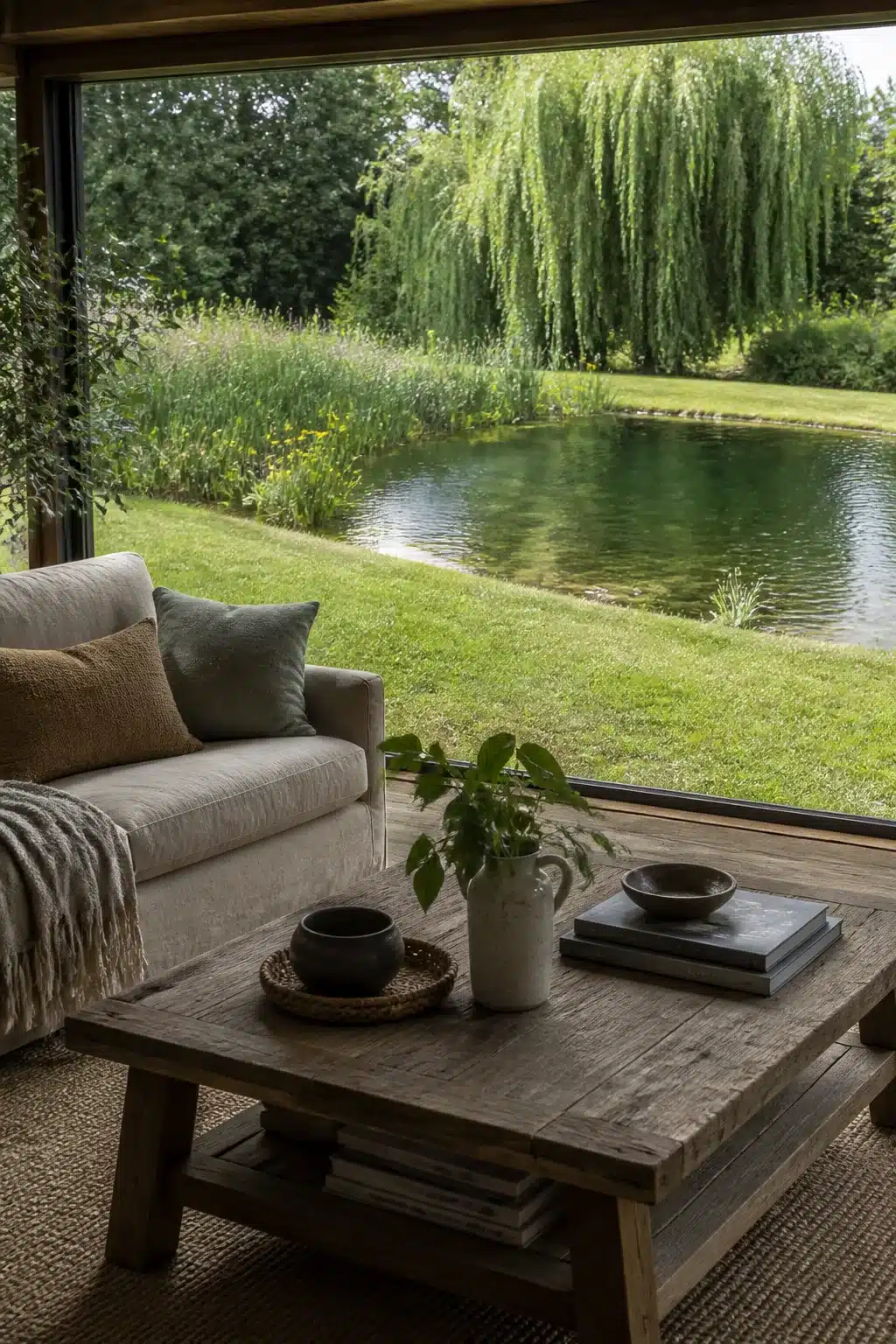 Backyard swimming pond with sloped lawn entry and weeping willow canopy viewed from cozy indoor seating area