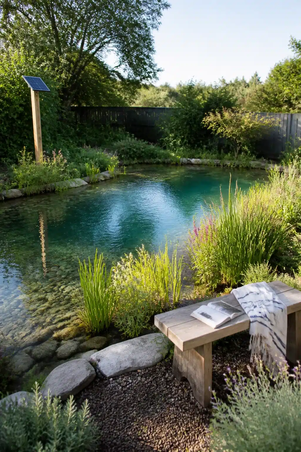 Solar-powered backyard swimming pond with reed plantings, stone edging, and clear teal water in a natural garden setting.