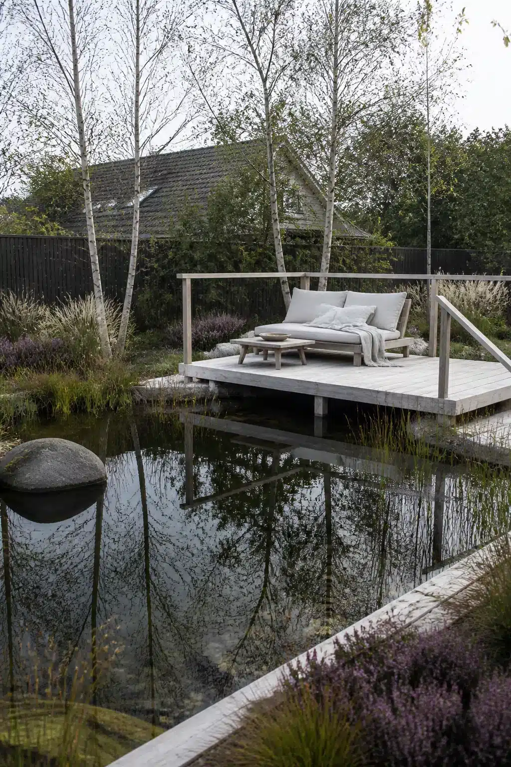 Silver birch trees and pale deck over a still backyard swimming pond with heather and grass plantings.