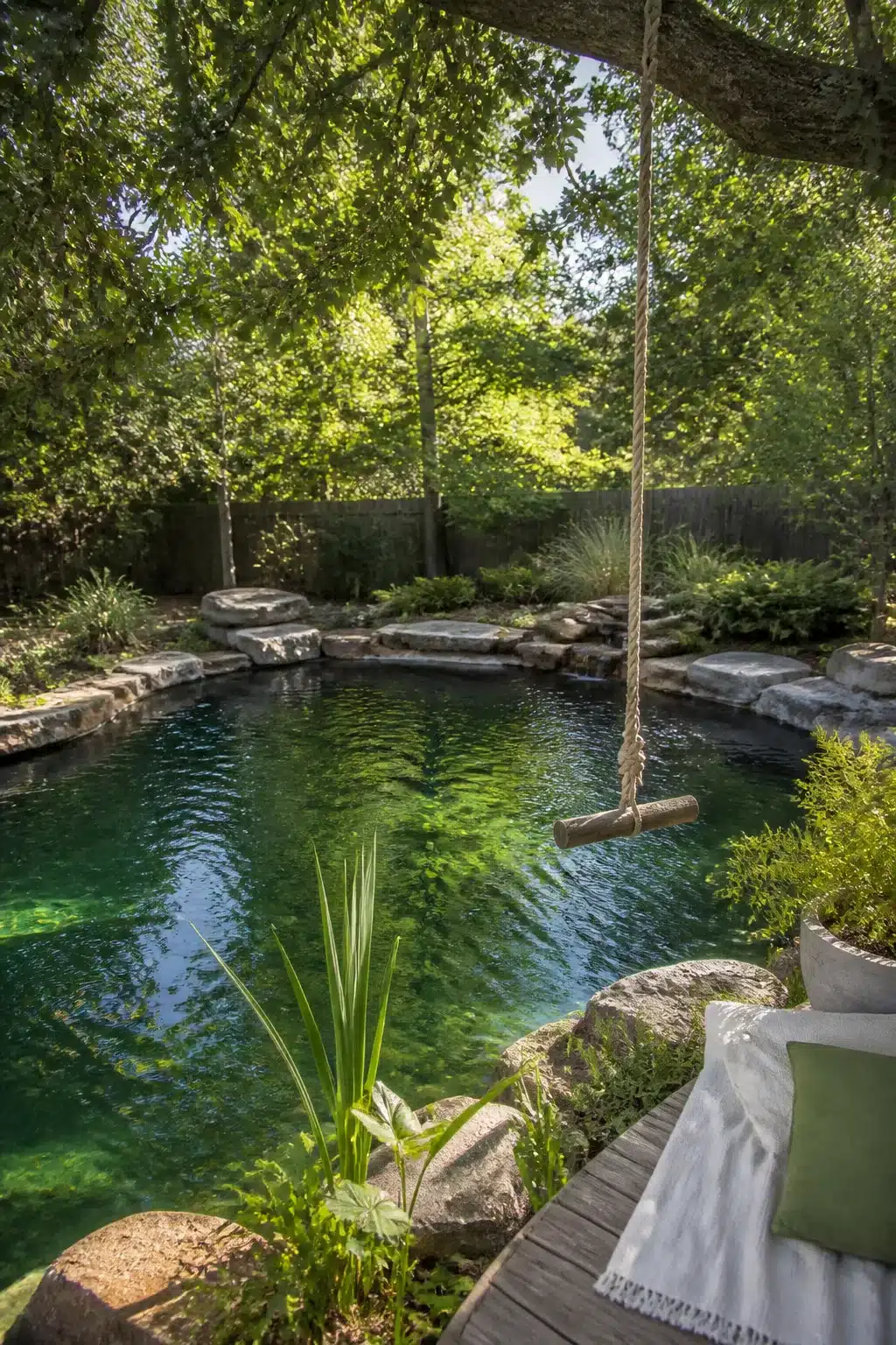Backyard swimming pond with rope swing hanging over deep green natural water surrounded by boulders and lush plantings
