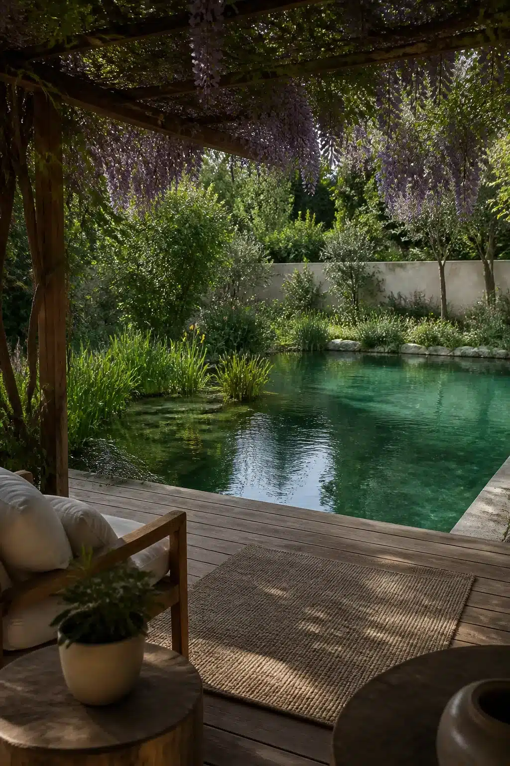 Backyard swimming pond with wisteria pergola, teal water, and lush marginal planting on a timber deck