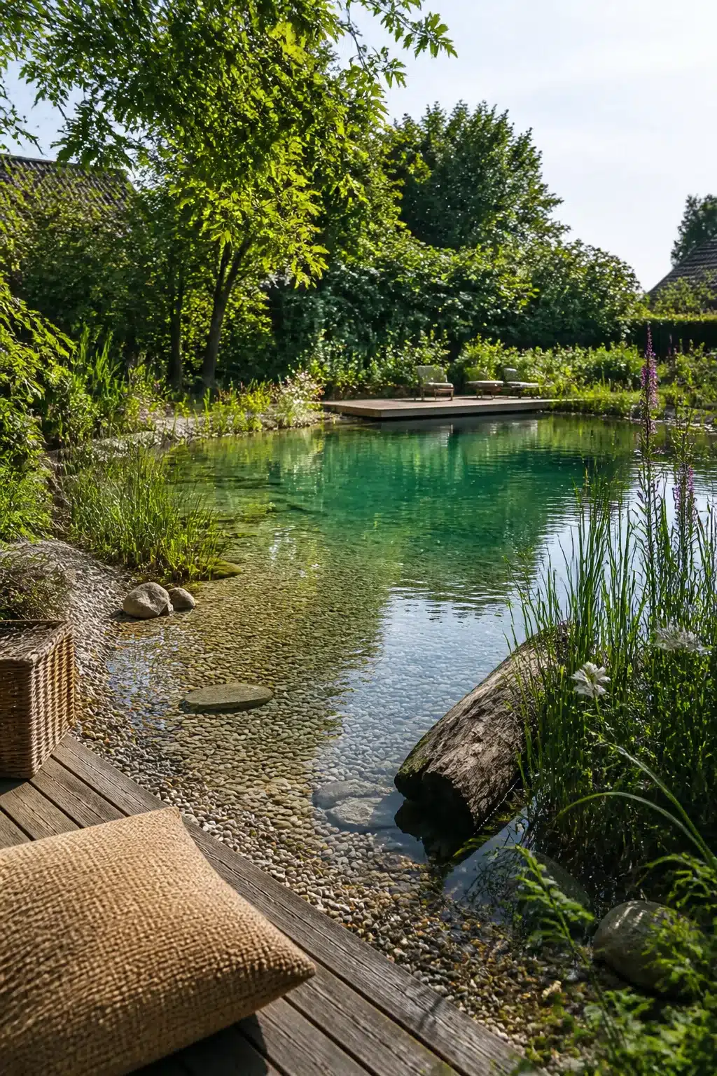 Backyard swimming pond with pebble shore entry, tall grass margins, and timber deck platform in a lush garden setting.