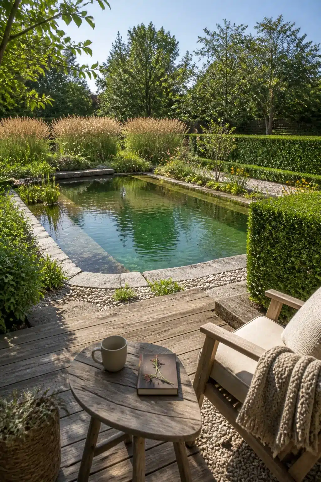 Backyard swimming pond with clipped hedge garden room, pebble coping, hardwood deck, and ornamental grasses