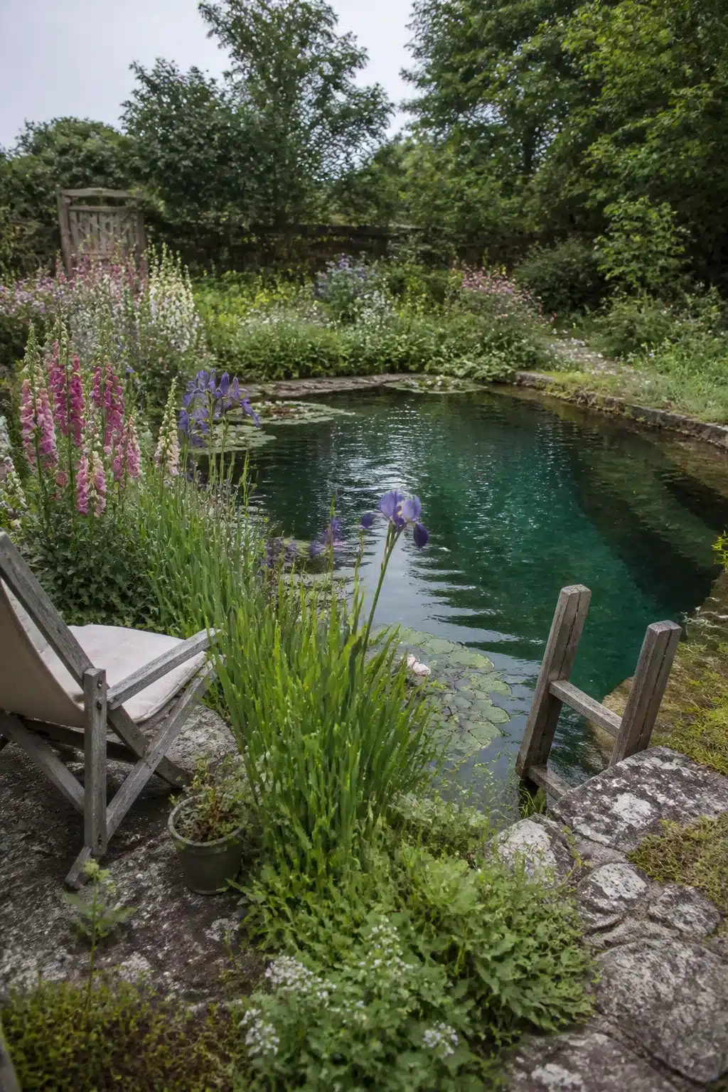 Stone-edged backyard swimming pond surrounded by foxgloves, iris, and cottage garden flowers with a wooden chair poolside.