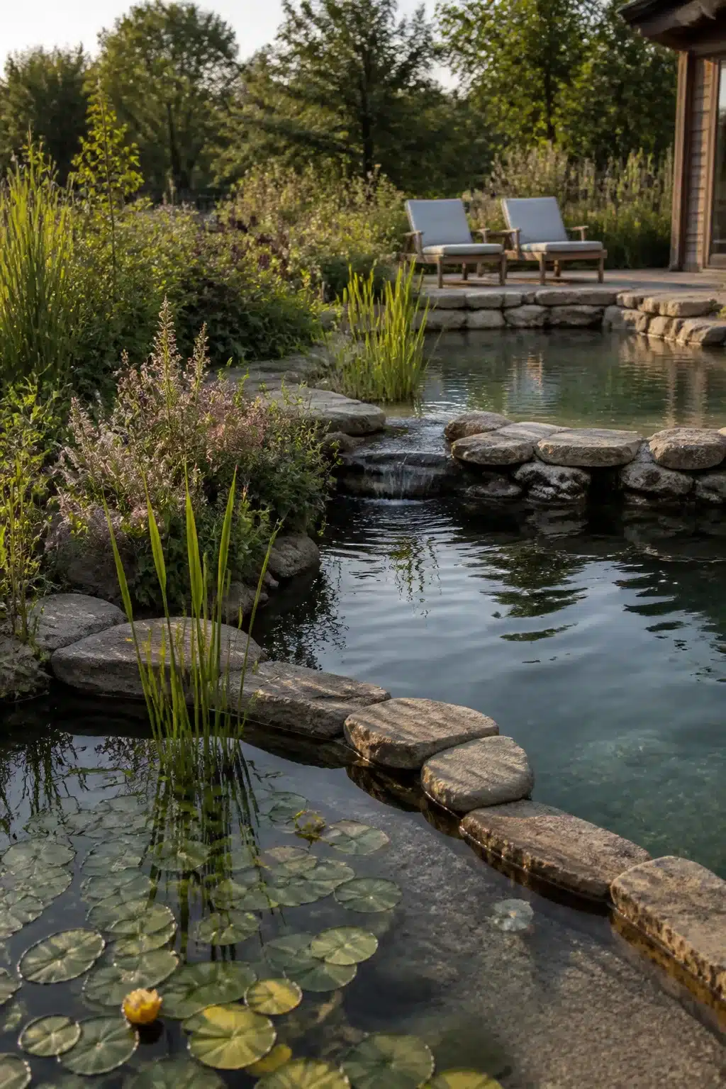 Split-level backyard swimming pond with cascading stone steps, lily pads, and natural plantings at golden hour