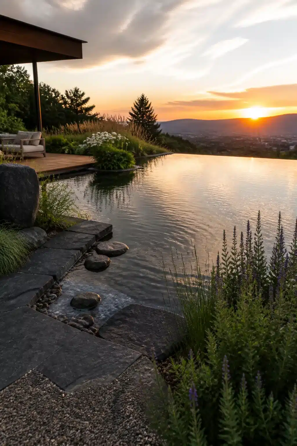 Infinity-edge backyard swimming pond at sunset with slate steps, grasses, and sweeping valley views.