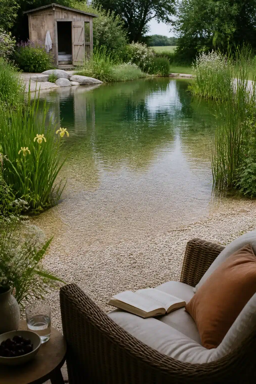 Backyard swimming pond with gravel beach entry, yellow iris borders, and clear natural water surrounded by lush greenery.