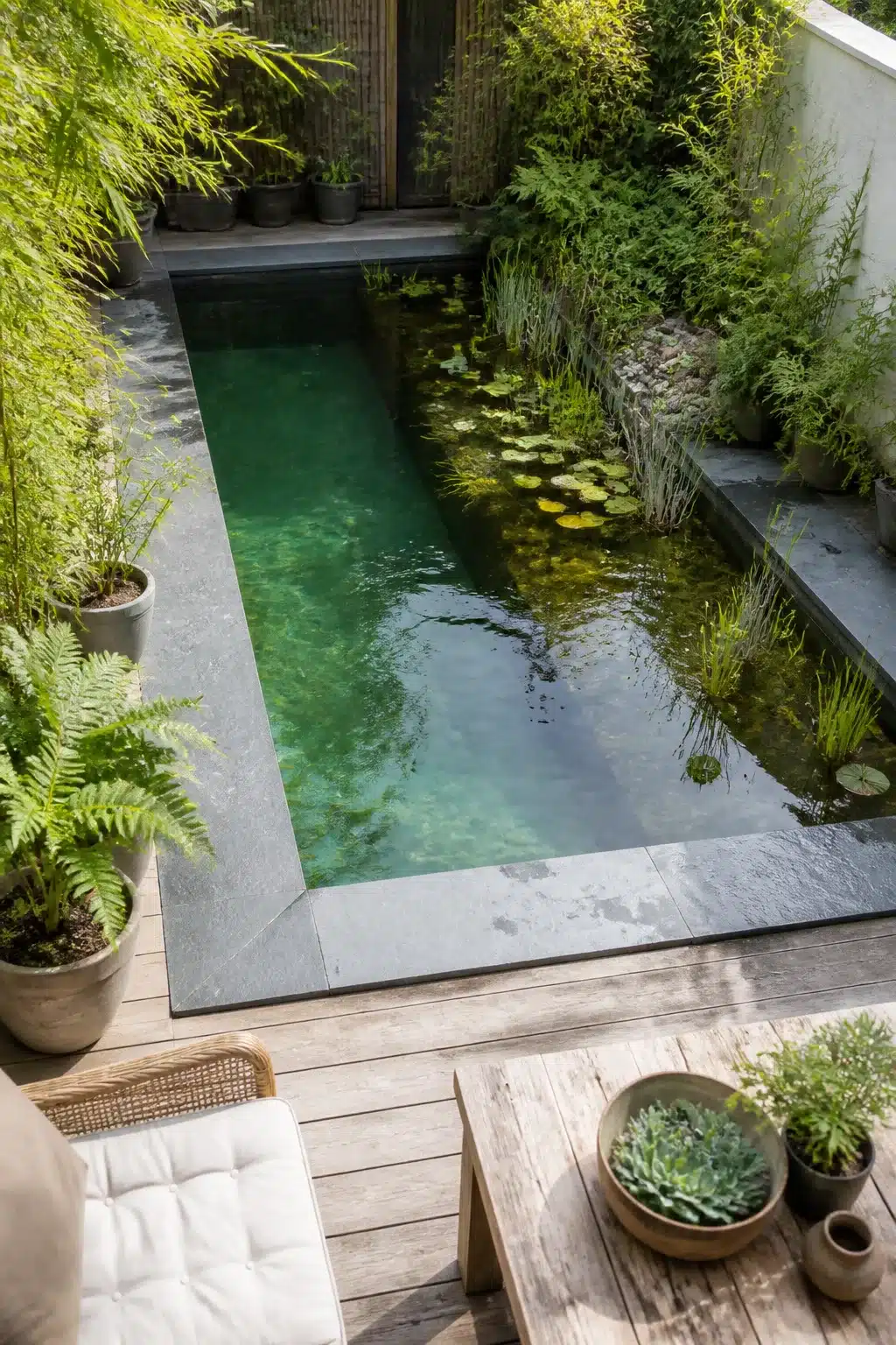 Slate-edged backyard swimming pond with lily pads and bamboo in a compact urban courtyard
