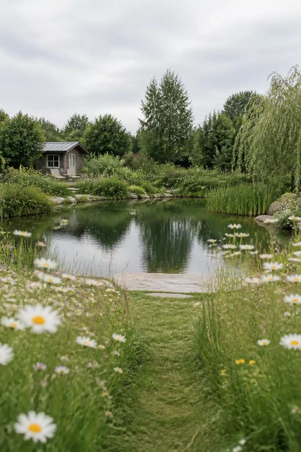 Backyard swimming pond surrounded by wildflower daisy meadow with a grass path leading to the natural water feature