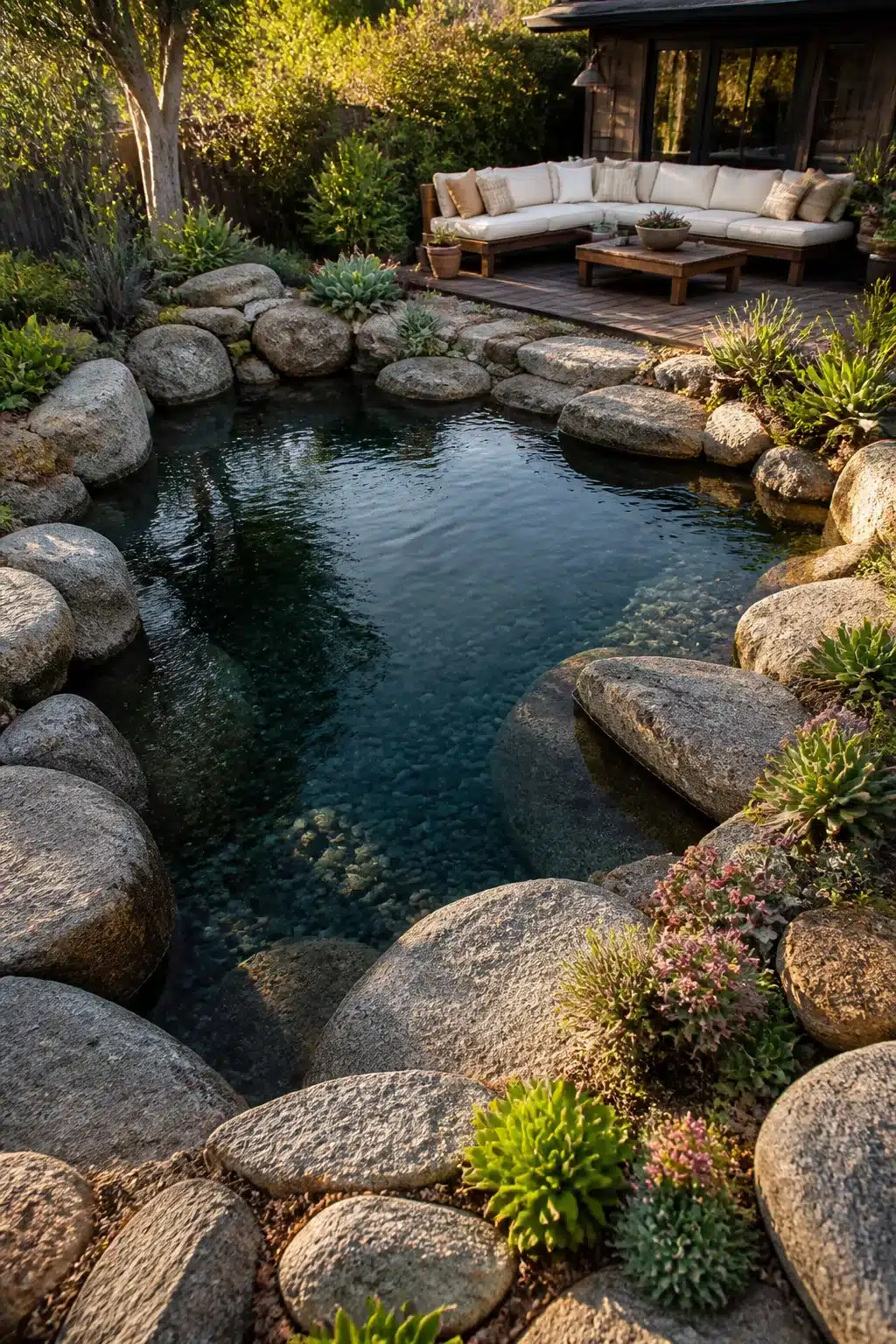 Boulder-edged backyard swimming pond with natural rock surround, succulents, and a wood deck lounge area