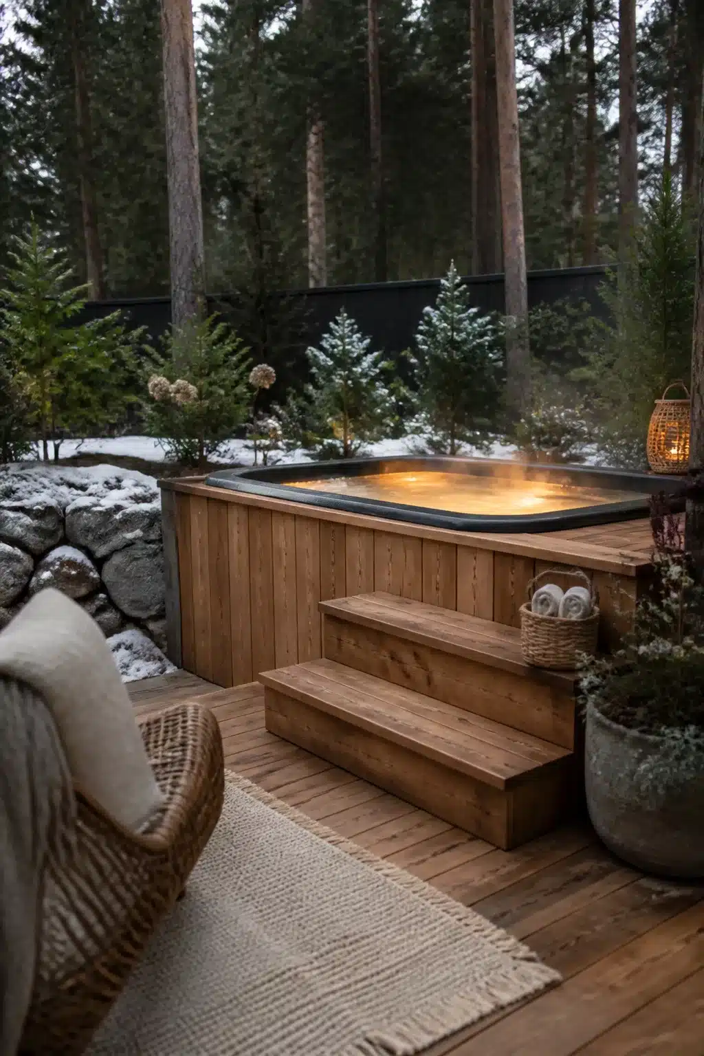 Built in hot tub ideas for backyards: cedar-clad spa with timber steps and snowy evergreen backdrop