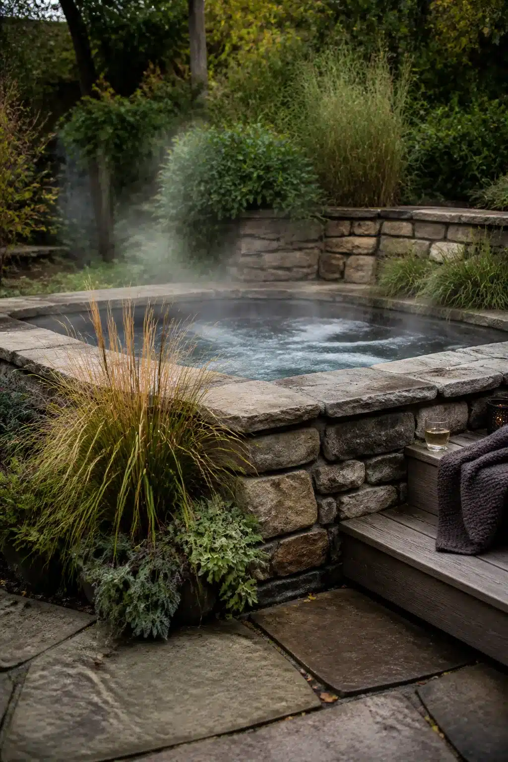 Built in hot tub backyard ideas with natural stacked stone surround, ornamental grasses, and flagstone patio.