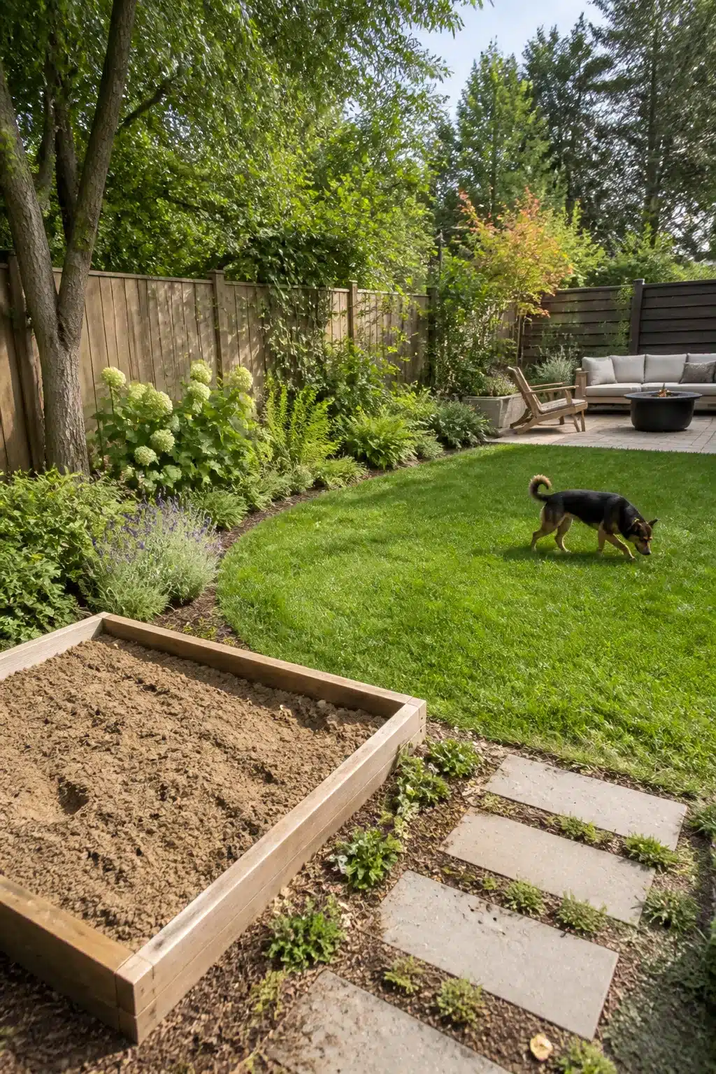 Cedar sandbox digging zone in a dog friendly backyard landscaping idea with lawn and lush border planting