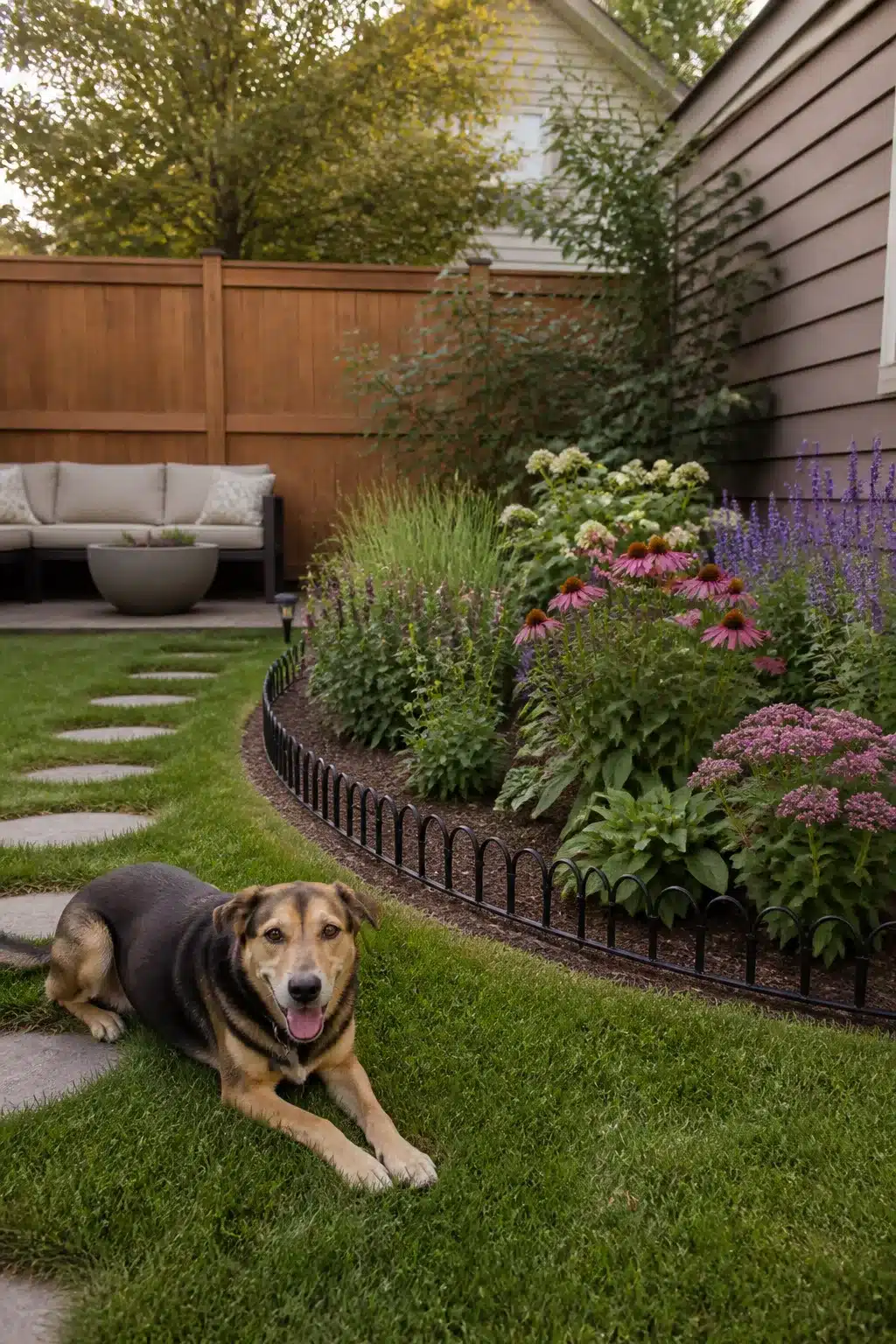 Dog lying on lawn beside curved black metal-edged flower bed — Dog Friendly Backyard Landscaping Ideas