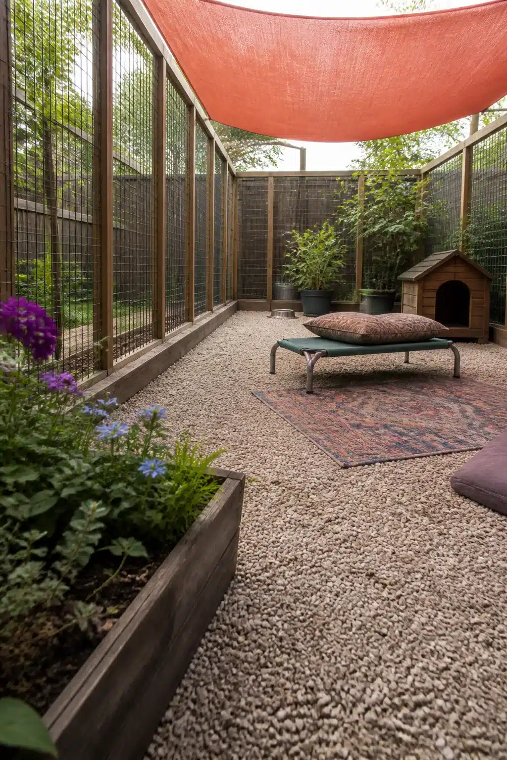 Enclosed wire dog run with coral shade sail and gravel floor — Dog Friendly Backyard Landscaping Ideas