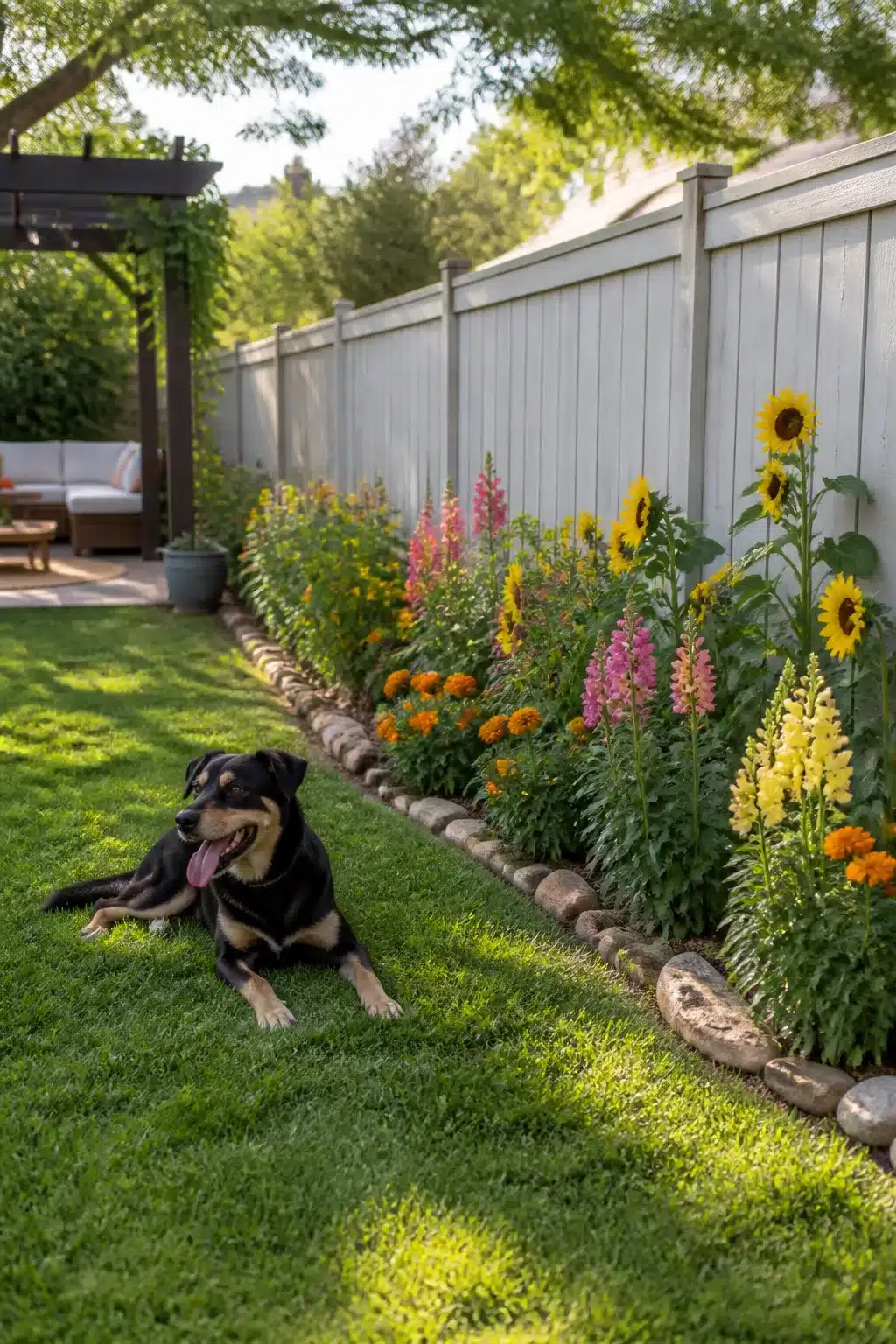 Dog friendly backyard landscaping ideas with non-toxic flower border, river stone edging, and a relaxed dog on green lawn.