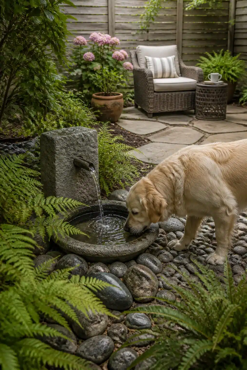 Golden retriever drinking from a stone garden fountain — dog friendly backyard landscaping ideas with river rocks and ferns.